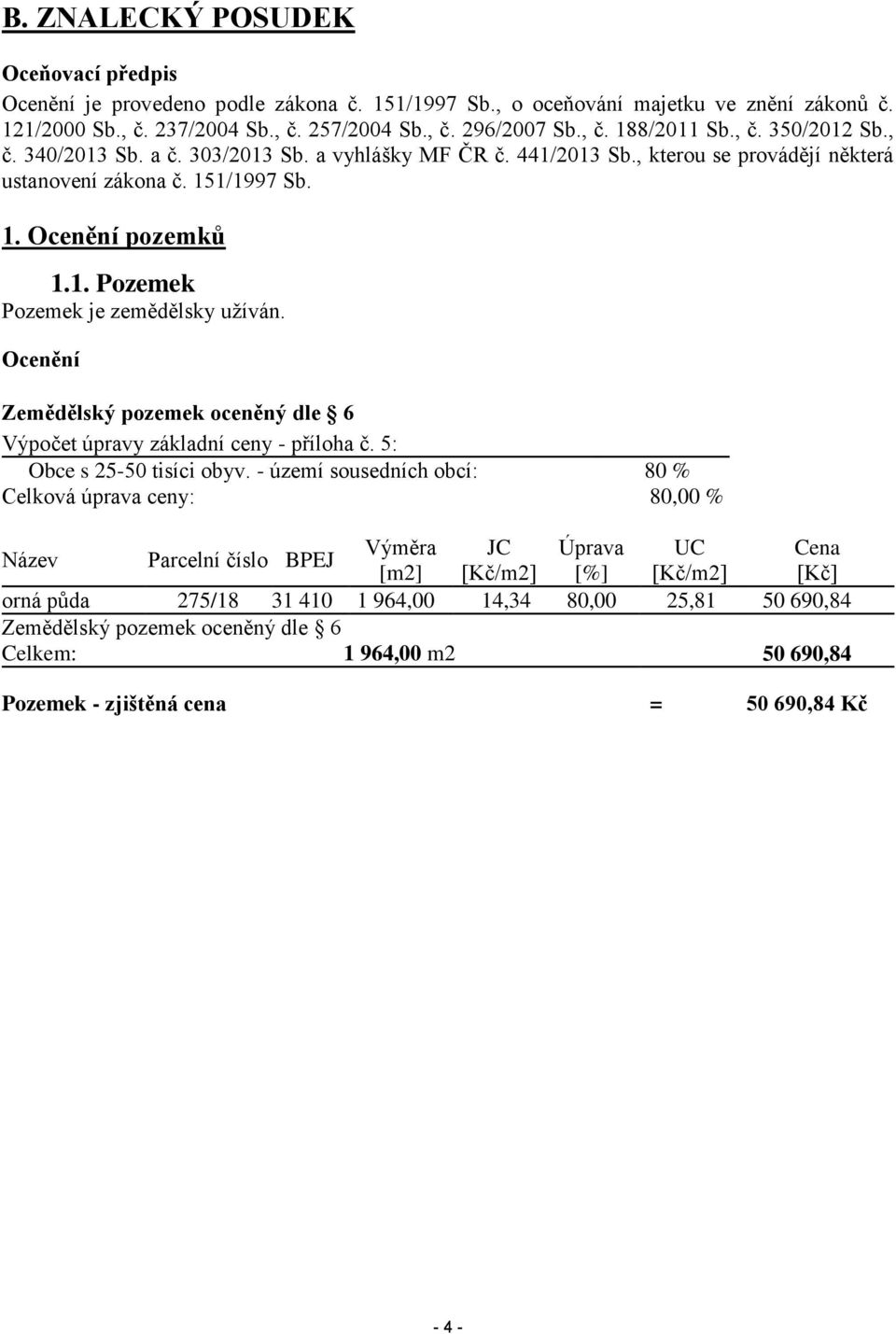 Ocenění Zemědělský pozemek oceněný dle 6 Výpočet úpravy základní ceny - příloha č. 5: Obce s 25-50 tisíci obyv.