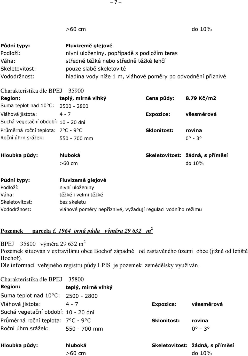 79 Kč/m2 Suma teplot nad 10 C: 2500-2800 Vláhová jistota: 4-7 Expozice: všesměrová Suchá vegetační období: 10-20 dní Průměrná roční teplota: 7 C - 9 C Sklonitost: rovina Roční úhrn srážek: 550-700 mm