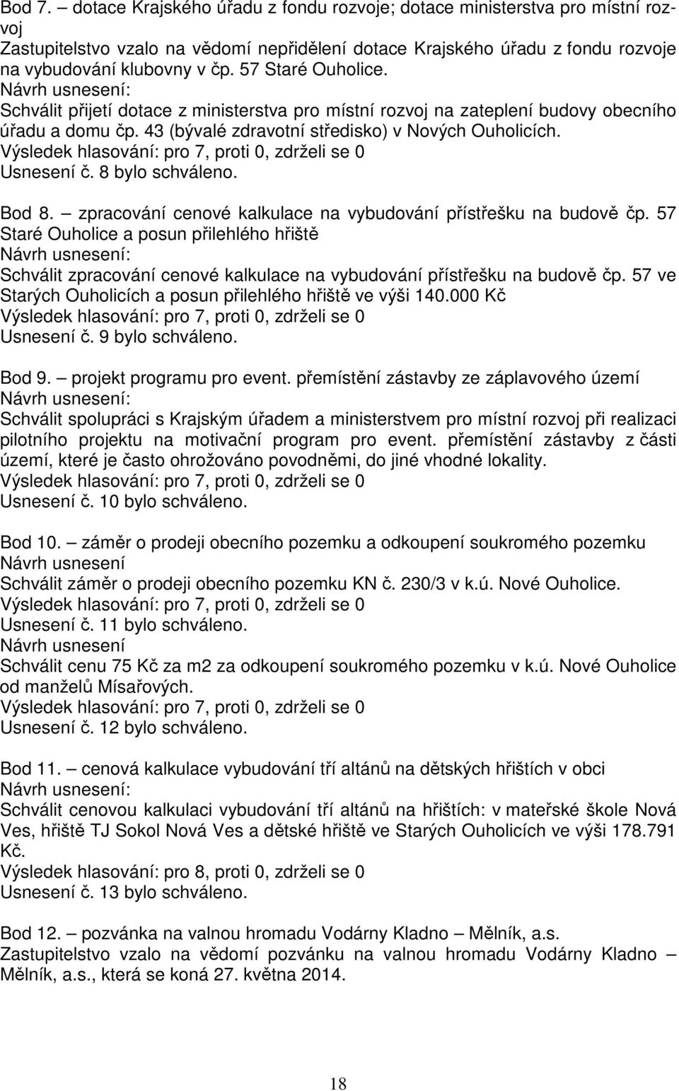 Výsledek hlasování: pro 7, proti 0, zdrželi se 0 Usnesení č. 8 bylo schváleno. Bod 8. zpracování cenové kalkulace na vybudování přístřešku na budově čp.