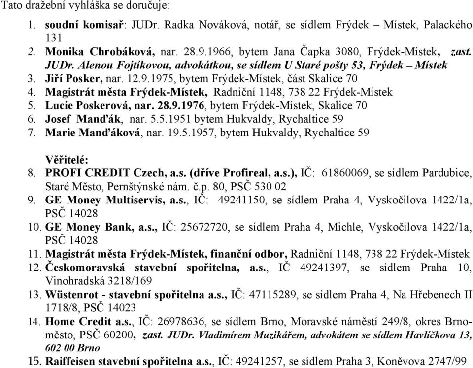 Magistrát města Frýdek-Místek, Radniční 1148, 738 22 Frýdek-Místek 5. Lucie Poskerová, nar. 28.9.1976, bytem Frýdek-Místek, Skalice 70 6. Josef Manďák, nar. 5.5.1951 bytem Hukvaldy, Rychaltice 59 7.