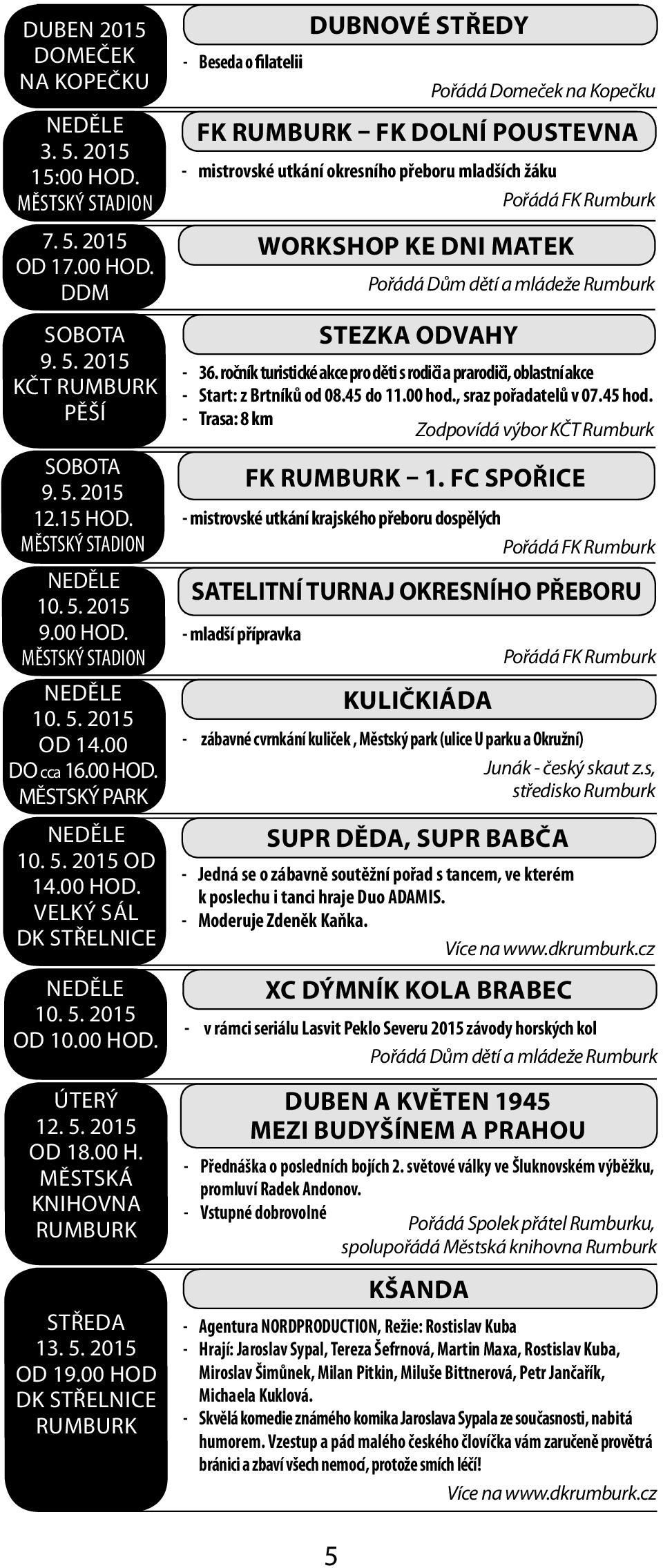 00 hod Dk střelnice Rumburk - Beseda o filatelii Dubnové středy Pořádá Domeček na Kopečku FK Rumburk FK Dolní Poustevna - mistrovské utkání okresního přeboru mladších žáku Workshop ke Dni matek