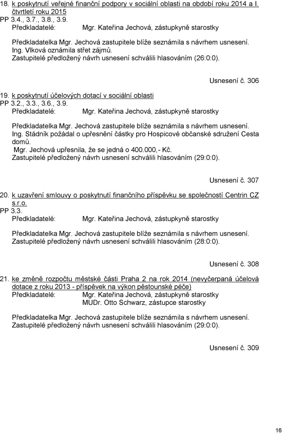 Zastupitelé předložený návrh usnesení schválili hlasováním (26:0:0). 19. k poskytnutí účelových dotací v sociální oblasti PP 3.2., 3.3., 3.6., 3.9. Předkladatelé: Mgr.