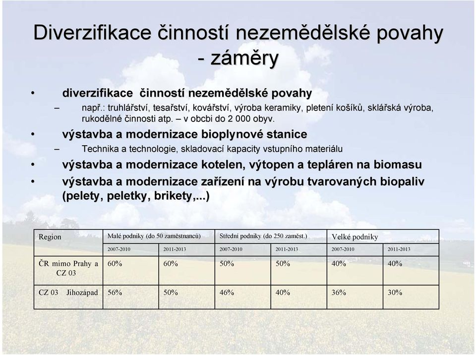 výstavba a modernizace bioplynové stanice Technika a technologie, skladovací kapacity vstupního materiálu výstavba a modernizace kotelen, výtopen a tepláren na biomasu výstavba a