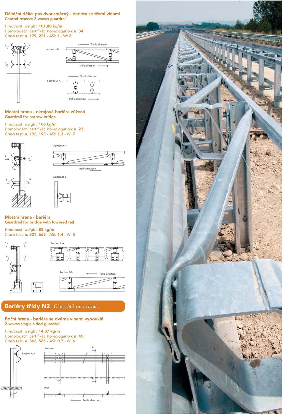 179, 221 - SI: 1 - W: 8 - - Mostní hrana - okrajová bariéra zúžená Guardrail for narrow bridge Hmotnost weight: 106 kg/m Homologační certifikát homologation: n. 23 Crash test: n.