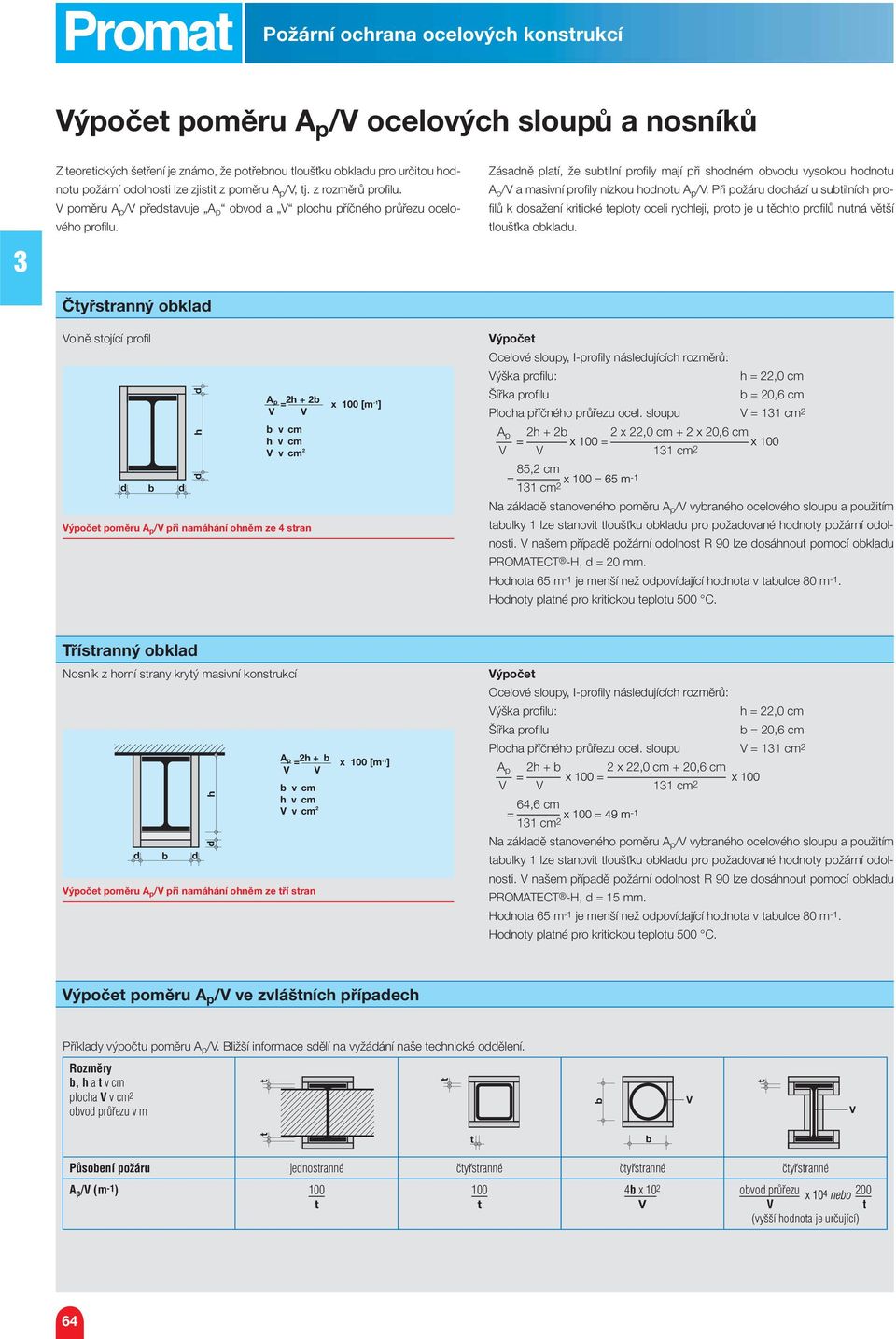 Čyřsranný obkla Volně sojící profil b h Výpoče poměru A p /V při namáhání ohněm ze sran A p = h + b - x 00 [m ] V V b v cm h v cm V v cm Zásaně plaí, že subilní profily mají při shoném obvou vysokou