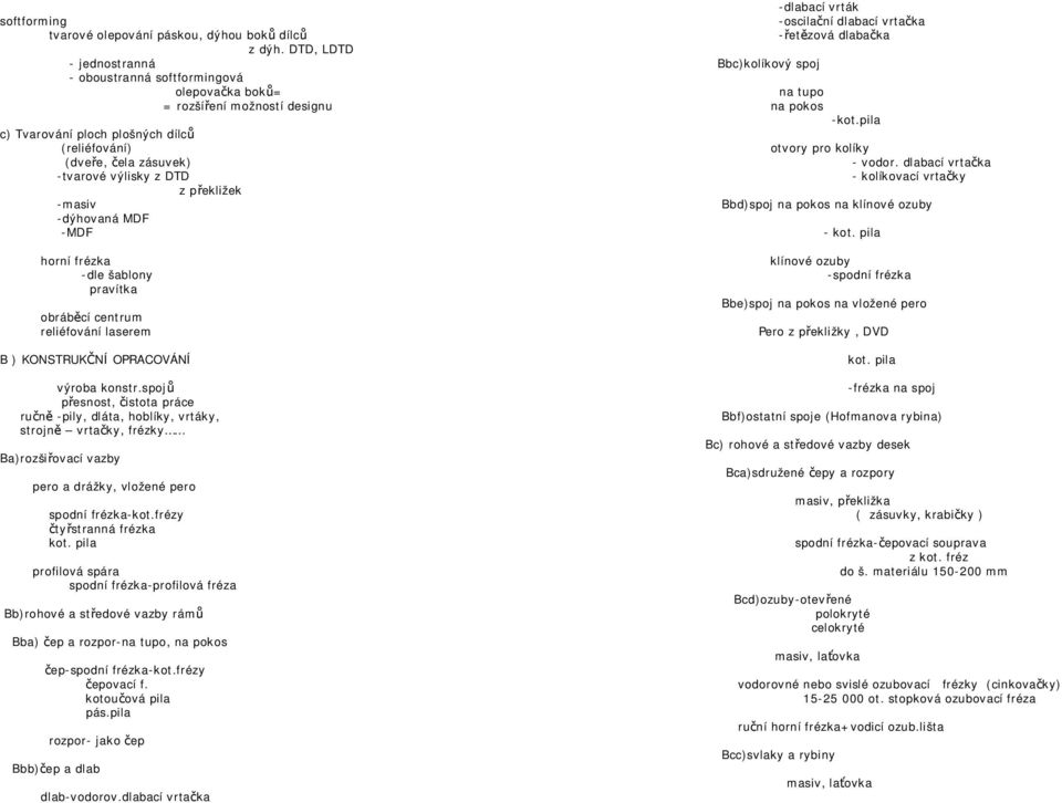překližek -masiv -dýhovaná MDF -MDF horní frézka -dle šablony pravítka obráběcí centrum reliéfování laserem B ) KONSTRUKČNÍ OPRACOVÁNÍ výroba konstr.