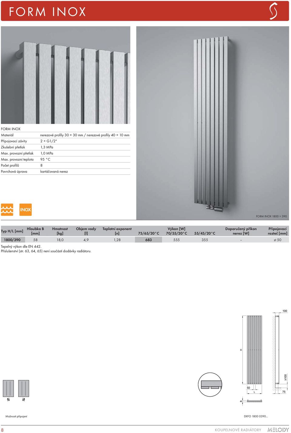 provozní teplota 95 C Počet profilů 8 Povrchová úprava kartáčovaná nerez FORM INOX 1800 390 Typ H/L [mm] Hloubka