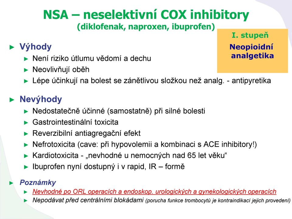 - antipyretika Nevýhody Nedostatečně účinné (samostatně) při silné bolesti Gastrointestinální toxicita Reverzibilní antiagregační efekt Nefrotoxicita (cave: při hypovolemii a