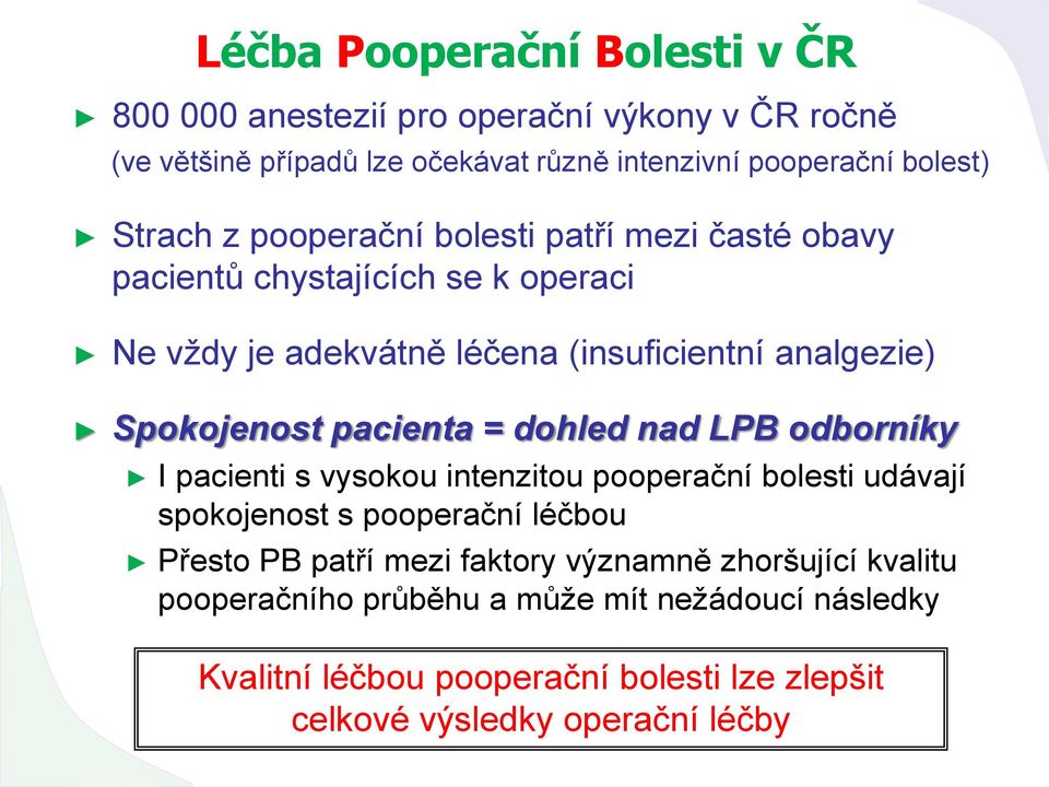 pacienta = dohled nad LPB odborníky I pacienti s vysokou intenzitou pooperační bolesti udávají spokojenost s pooperační léčbou Přesto PB patří mezi