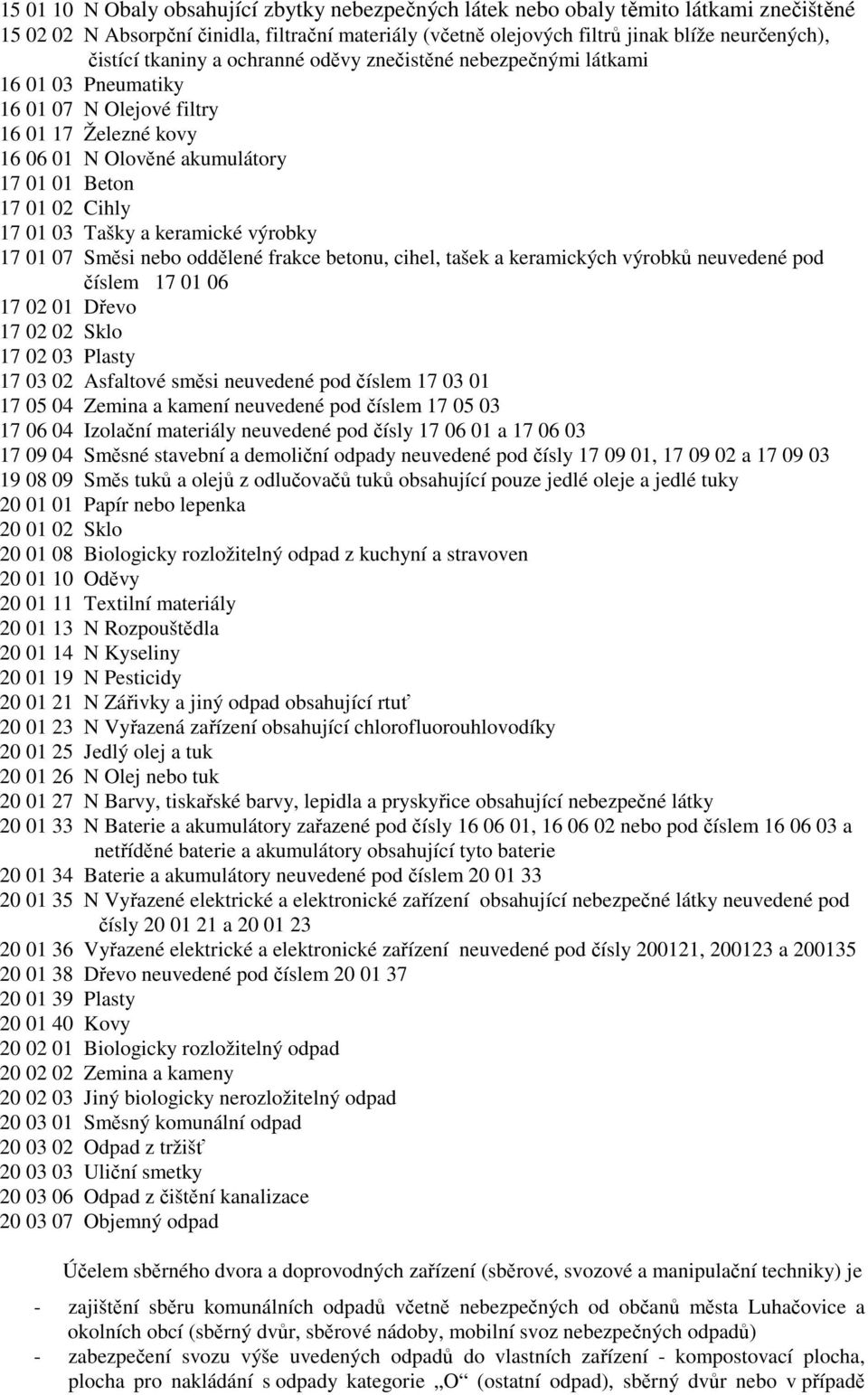 Tašky a keramické výrobky 17 01 07 Směsi nebo oddělené frakce betonu, cihel, tašek a keramických výrobků neuvedené pod číslem 17 01 06 17 02 01 Dřevo 17 02 02 Sklo 17 02 03 Plasty 17 03 02 Asfaltové