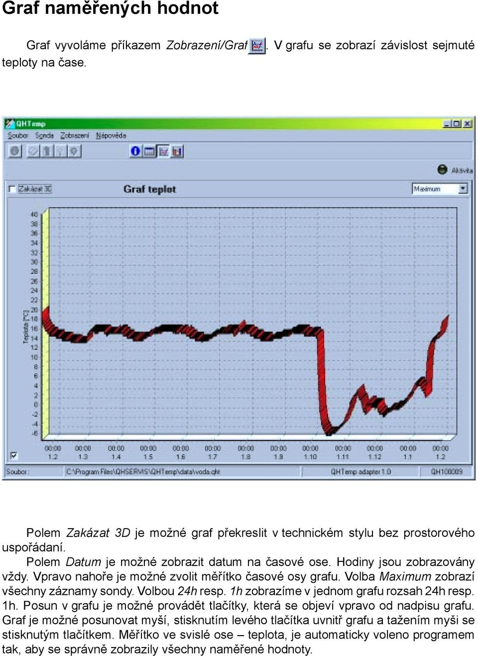 Hodiny jsou zobrazovány vždy. Vpravo nahoře je možné zvolit měřítko časové osy grafu. Volba Maximum zobrazí všechny záznamy sondy. Volbou 24h resp. 1h zobrazíme v jednom grafu rozsah 24h resp.