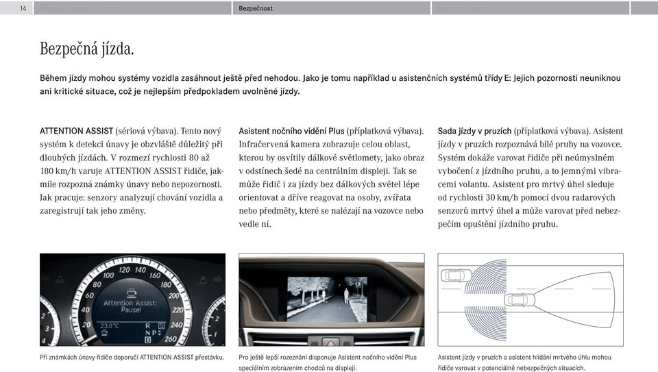 Tento nový systém k detekci únavy je obzvláště důležitý při dlouhých jízdách. V rozmezí rychlosti 80 až 180 km/h varuje ATTENTION ASSIST řidiče, jakmile rozpozná známky únavy nebo nepozornosti.