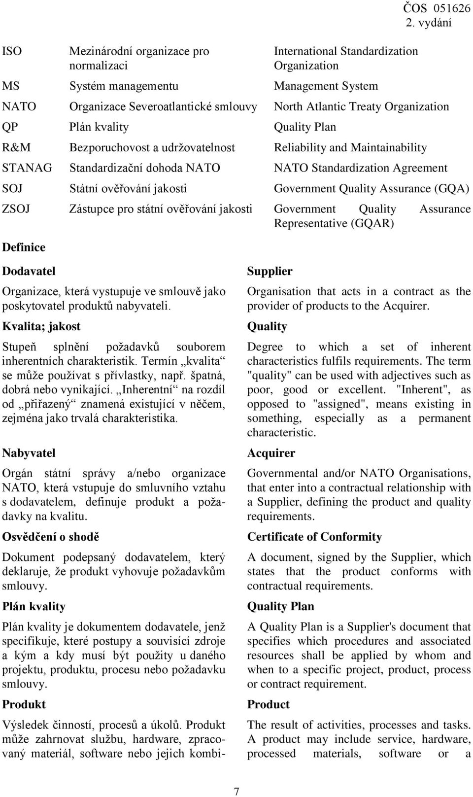 jakosti Government Quality Assurance (GQA) ZSOJ Zástupce pro státní ověřování jakosti Government Quality Assurance Representative (GQAR) Definice Dodavatel Organizace, která vystupuje ve smlouvě jako