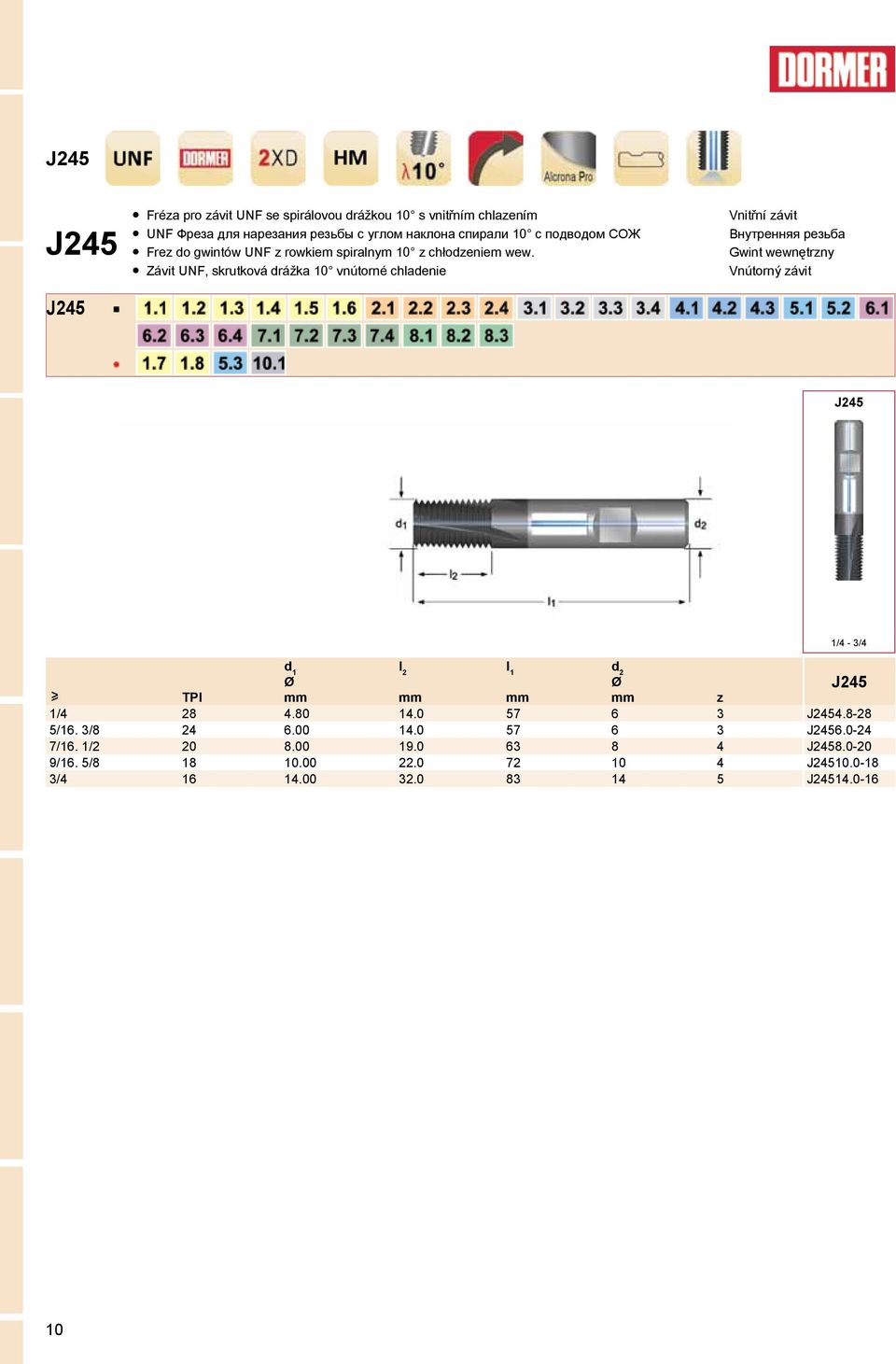Závit UNF, skrutková drážka 10 vnútorné chladenie J245 1/4-3/4 l 2 TPI z 1/4 28 4.80 14.0 57 6 3 J2454.8-28 5/16. 3/8 24 6.