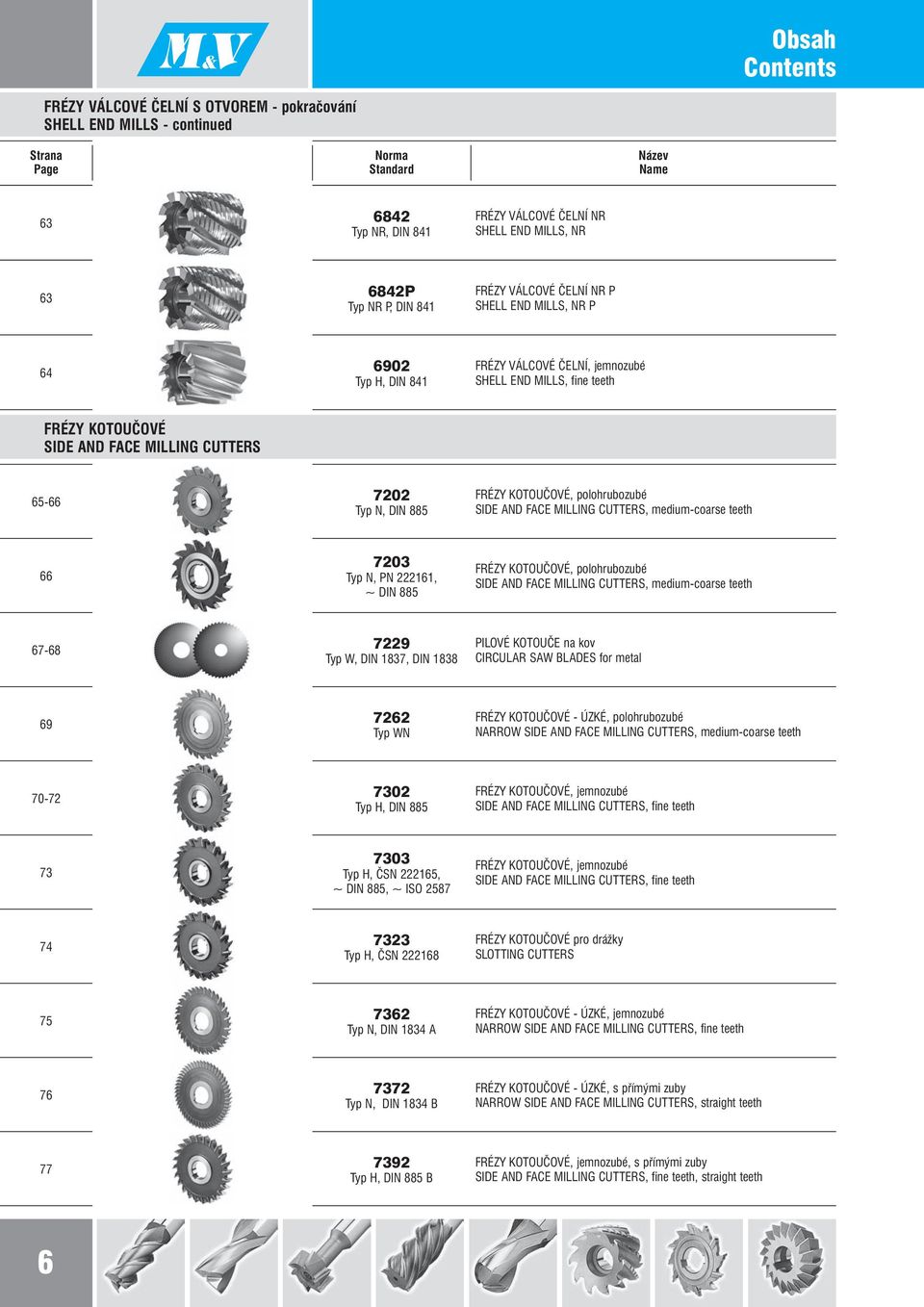 65-66 7202 Typ N, DIN 885 FRÉZY KOTOUČOVÉ, polohrubozubé SIDE AND FACE MILLING CUTTERS, medium-coarse teeth 66 7203 Typ N, PN 222161, ~ DIN 885 FRÉZY KOTOUČOVÉ, polohrubozubé SIDE AND FACE MILLING