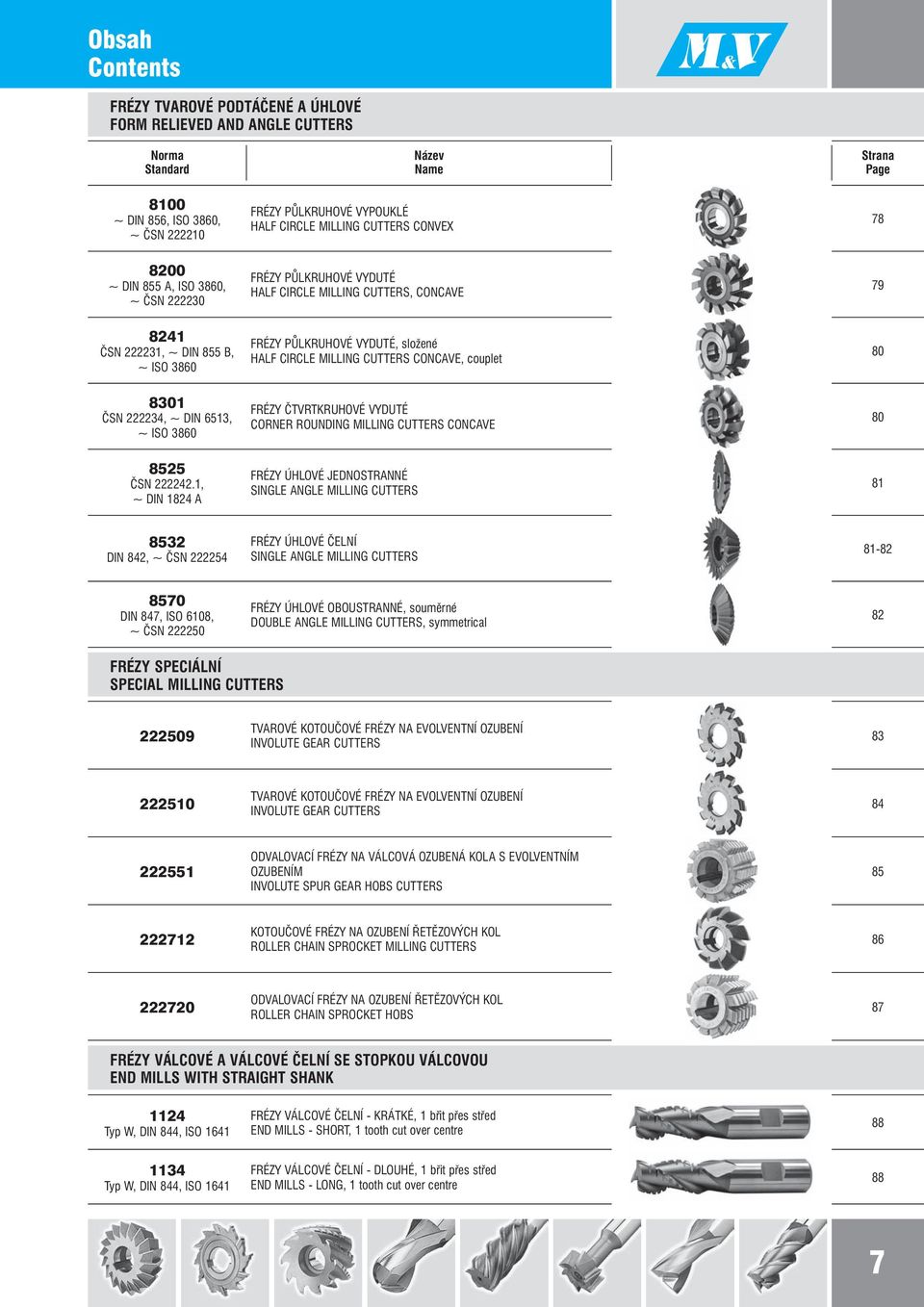 složené HALF CIRCLE MILLING CUTTERS CONCAVE, couplet 80 8301 ČSN 222234, ~ DIN 6513, ~ ISO 3860 FRÉZY ČTVRTKRUHOVÉ VYDUTÉ CORNER ROUNDING MILLING CUTTERS CONCAVE 80 8525 ČSN 222242.