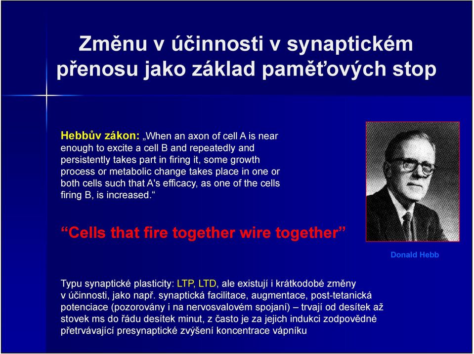 Cells that fire together wire together Donald Hebb Typu synaptické plasticity: LTP, LTD, ale existují i krátkodobé změny v účinnosti, jako např.