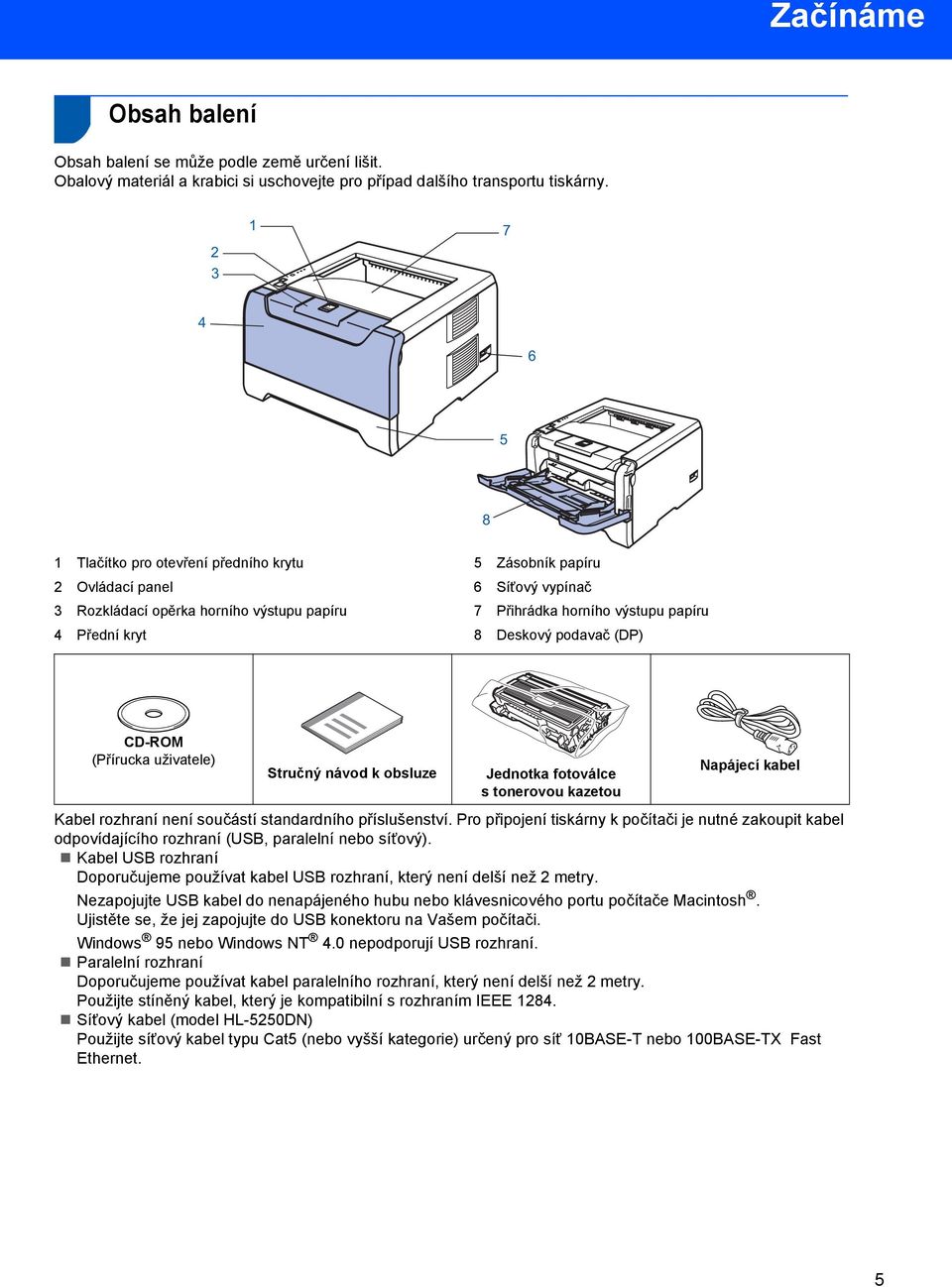 8 Deskový podavač (DP) CD-ROM (Přírucka uživatele) Stručný návod k obsluze Jednotka fotoválce s tonerovou kazetou Napájecí kabel Kabel rozhraní není součástí standardního příslušenství.