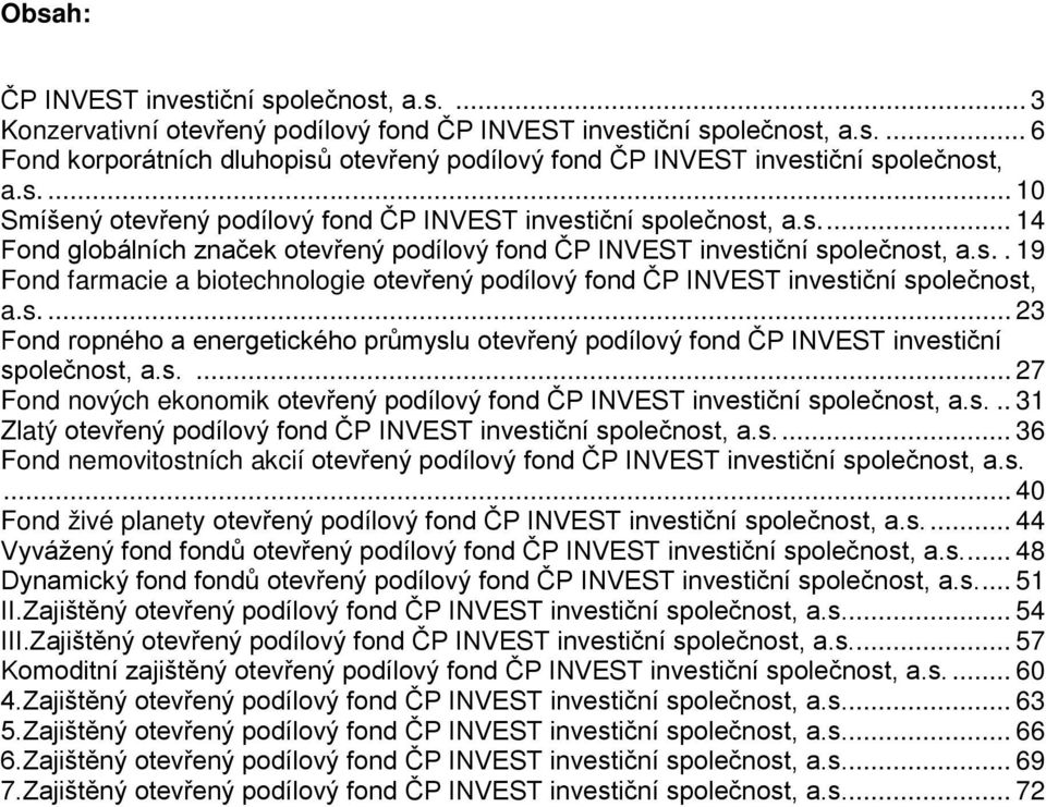 s.... 23 Fond ropného a energetického průmyslu otevřený podílový fond ČP INVEST investiční společnost, a.s.... 27 Fond nových ekonomik otevřený podílový fond ČP INVEST investiční společnost, a.s... 31 Zlatý otevřený podílový fond ČP INVEST investiční společnost, a.