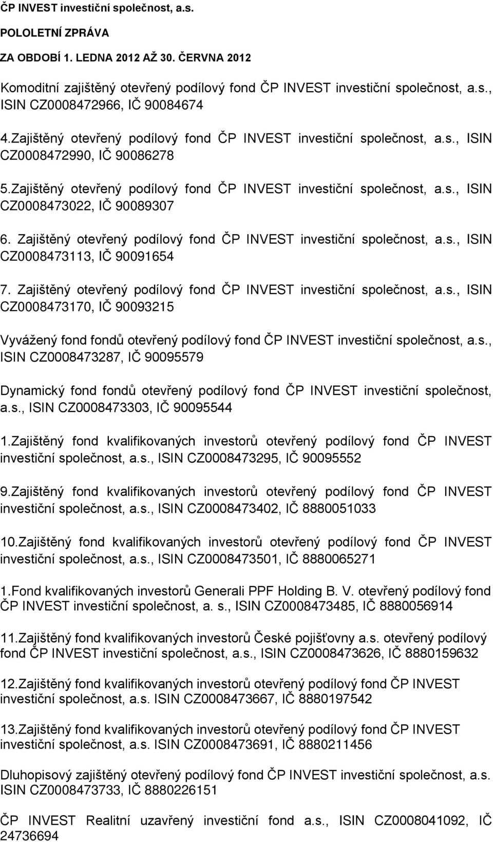 Zajištěný otevřený podílový fond ČP INVEST investiční společnost, a.s., ISIN CZ0008473113, IČ 90091654 7. Zajištěný otevřený podílový fond ČP INVEST investiční společnost, a.s., ISIN CZ0008473170, IČ 90093215 Vyvážený fond fondů otevřený podílový fond ČP INVEST investiční společnost, a.