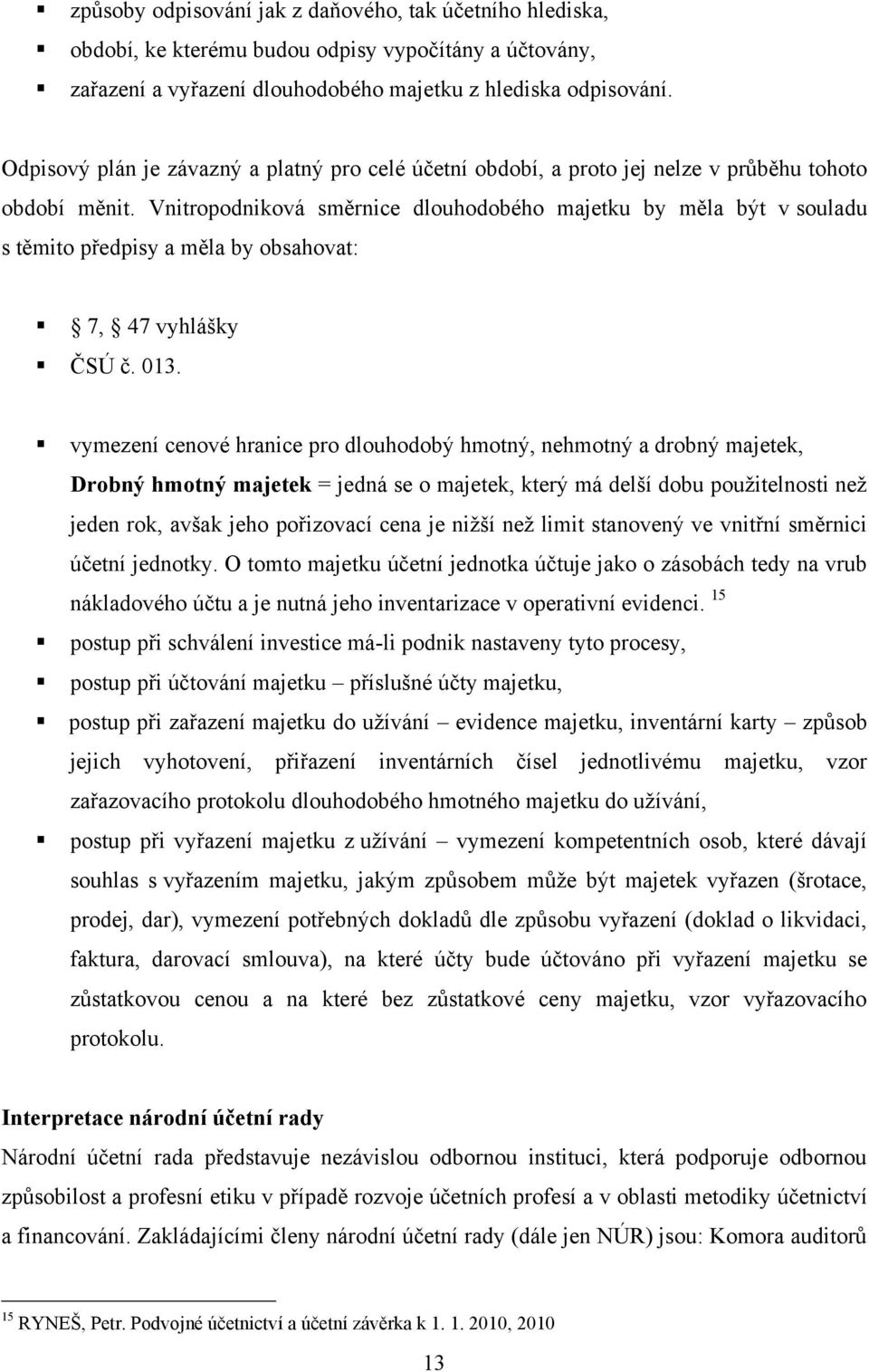 Vnitropodniková směrnice dlouhodobého majetku by měla být v souladu s těmito předpisy a měla by obsahovat: 7, 47 vyhlášky ČSÚ č. 013.