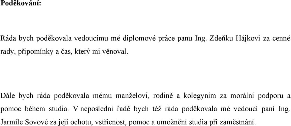 Dále bych ráda poděkovala mému manţelovi, rodině a kolegyním za morální podporu a pomoc během