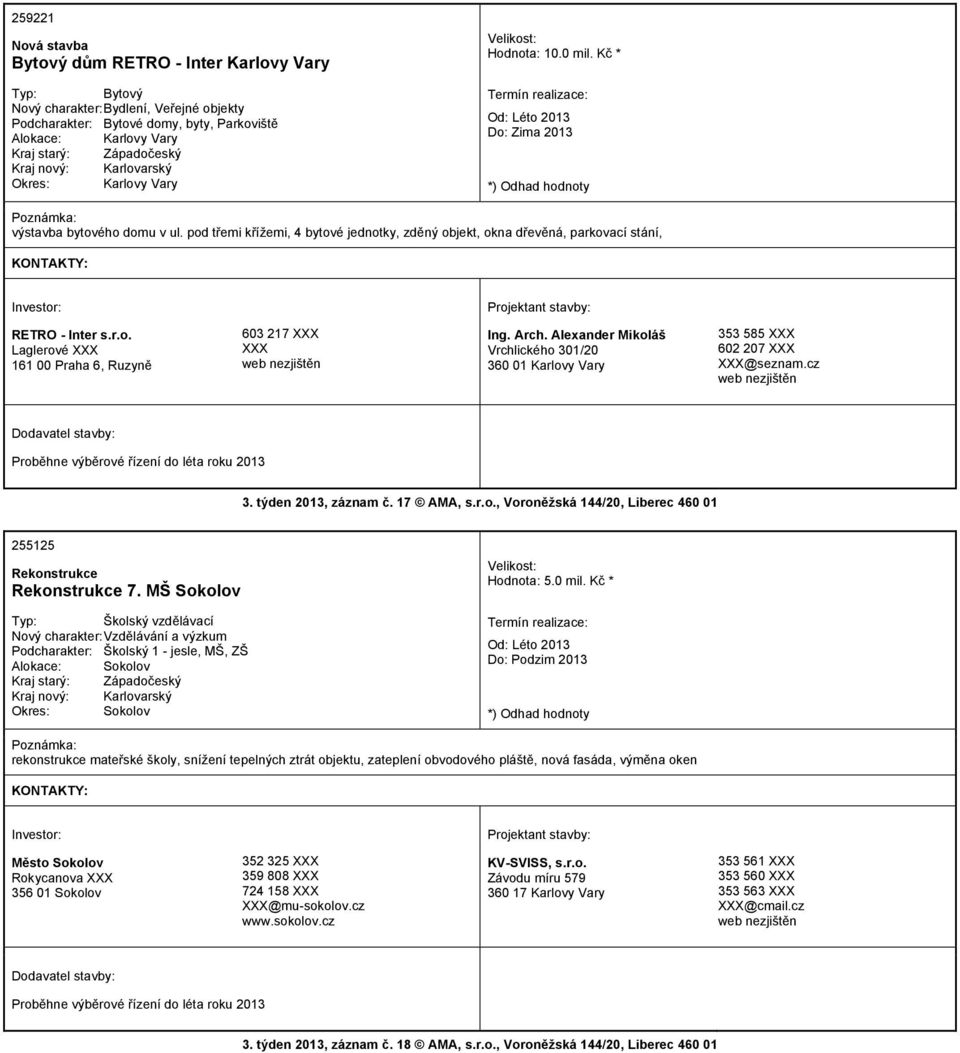 Arch. Alexander Mikoláš Vrchlického 301/20 360 01 Karlovy Vary 353 585 602 207 Proběhne výběrové řízení do léta roku 2013 3. týden 2013, záznam č. 17 AMA, s.r.o., Voroněžská 144/20, Liberec 460 01 255125 Rekonstrukce Rekonstrukce 7.