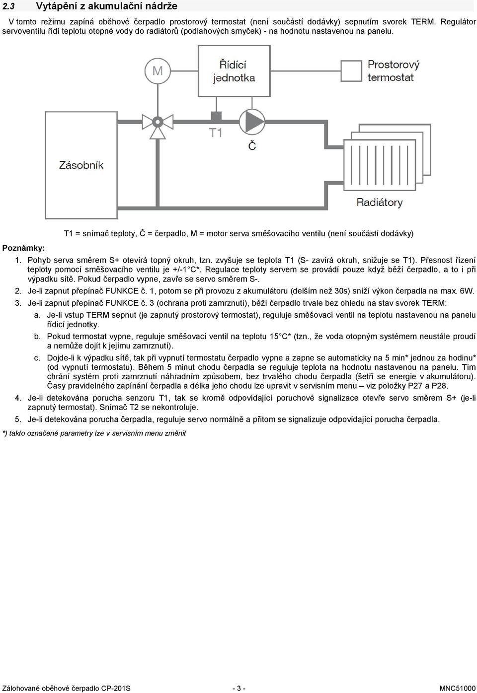 Poznámky: T1 = snímač teploty, Č = čerpadlo, M = motor serva směšovacího ventilu (není součástí dodávky) 1. Pohyb serva směrem S+ otevírá topný okruh, tzn.