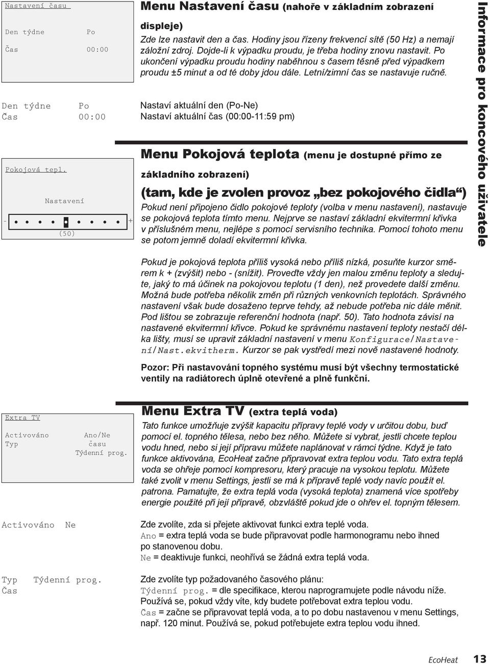 Letní/zimní čas se nastavuje ručně. Den týdne Po Nastaví aktuální den (Po-Ne) Cas 00:00 Nastaví aktuální čas (00:00-11:59 pm) Pokojová tepl. Po Cas ˇ 00:00 ˇ Nastavení.