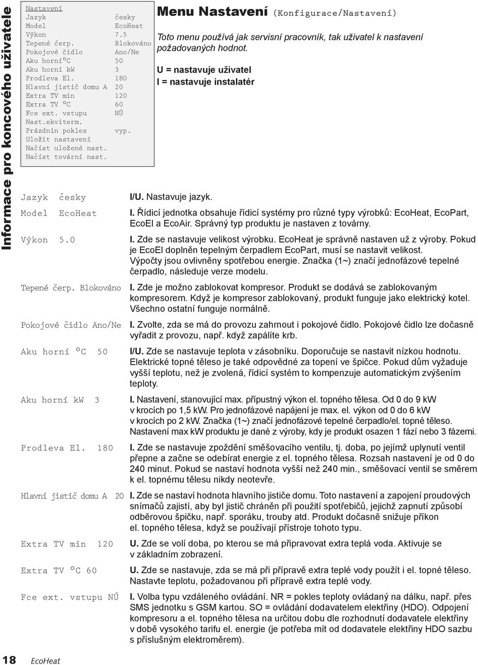 Jazyk cesky ˇ Model Menu Nastavení (Konfigurace/Nastavení) Toto menu používá jak servisní pracovník, tak uživatel k nastavení požadovaných hodnot. U = nastavuje uživatel I = nastavuje instalatér I/U.
