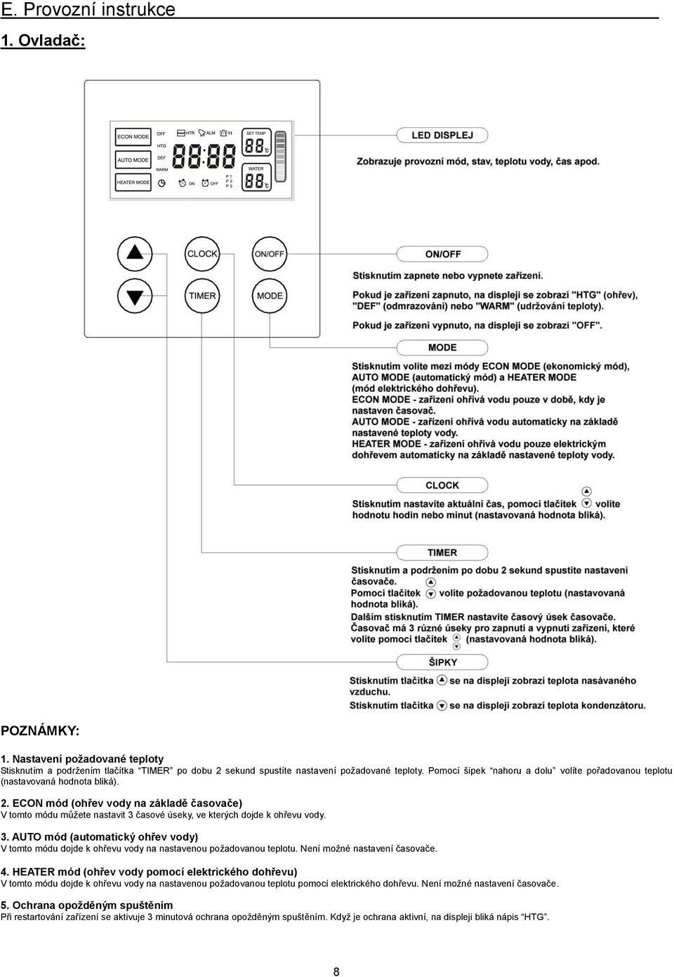 ECON mód (ohřev vody na základě časovače) V tomto módu můžete nastavit 3 časové úseky, ve kterých dojde k ohřevu vody. 3. AUTO mód (automatický ohřev vody) V tomto módu dojde k ohřevu vody na nastavenou požadovanou teplotu.