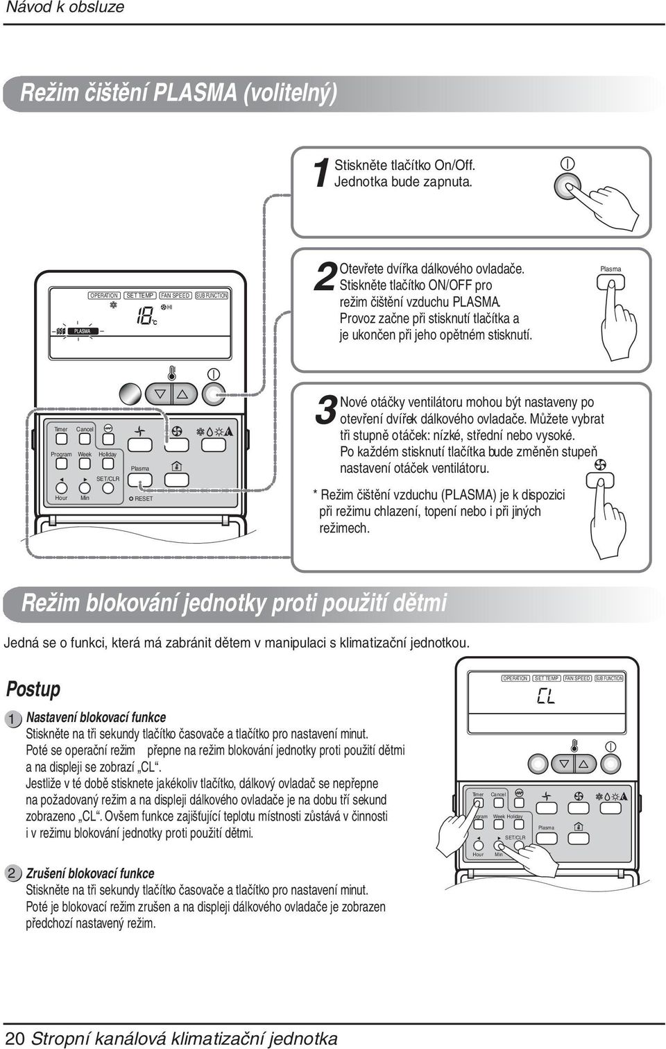 Plasma Timer Cancel Program Week Holiday SET/CLR Hour Min Plasma RESET Nové otáčky ventilátoru mohou být nastaveny po otevření dvířek dálkového ovladače.