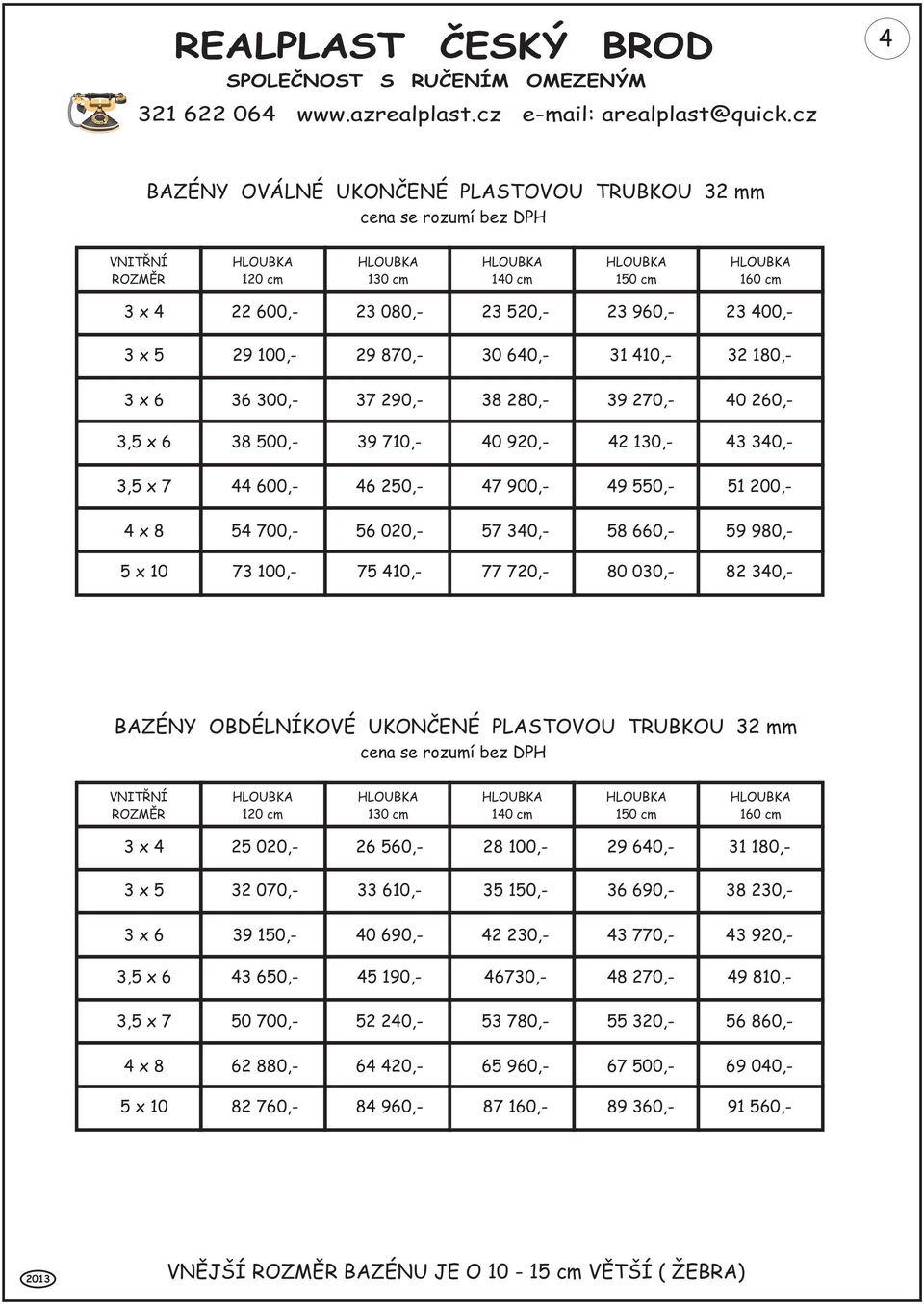 46 250,- 47 900,- 49 550,- 51 200,- 54 700,- 56 020,- 57 340,- 58 660,- 59 980,- 73 100,- 75 410,- 77 720,- 80 030,- 82 340,- BAZÉNY OBDÉLNÍKOVÉ UKONÈENÉ PLASTOVOU TRUBKOU 32 mm cena se rozumí bez