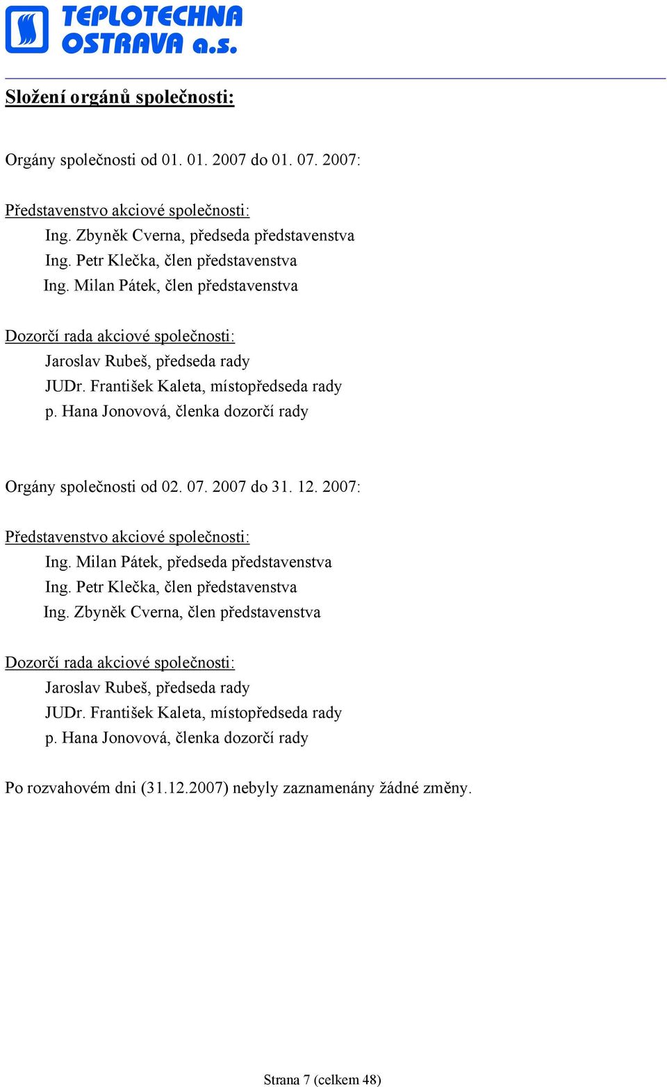 Hana Jonovová, členka dozorčí rady Orgány společnosti od 02. 07. 2007 do 31. 12. 2007: Představenstvo akciové společnosti: Ing. Milan Pátek, předseda představenstva Ing.