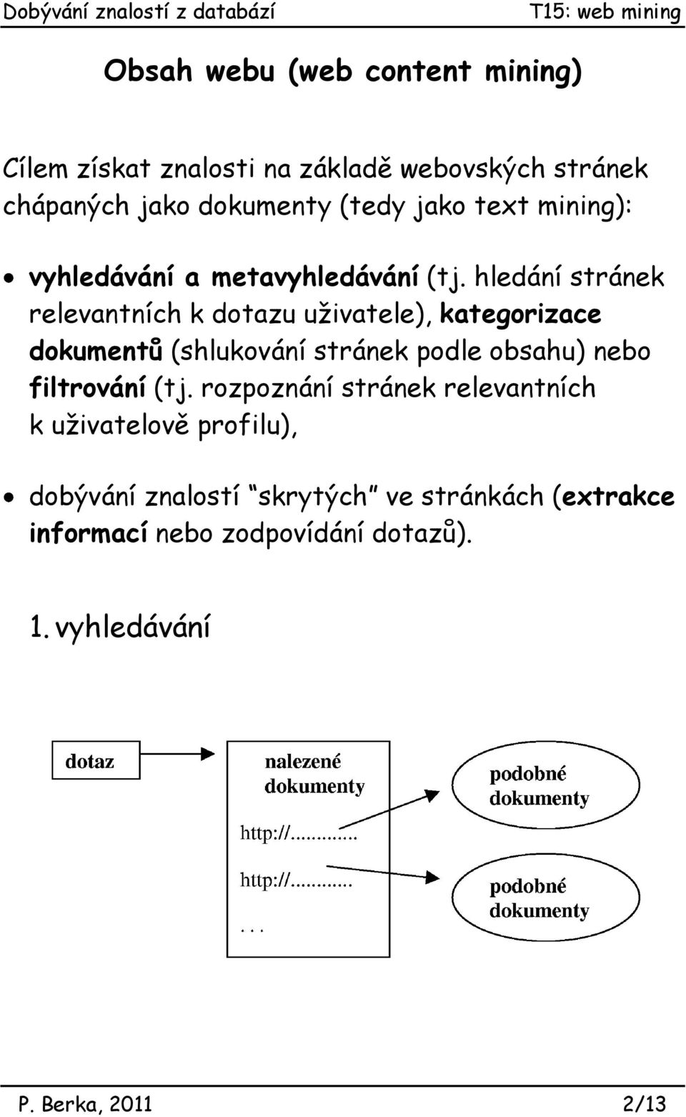 hledání stránek relevantních k dotazu uživatele), kategorizace dokumentů (shlukování stránek podle obsahu) nebo