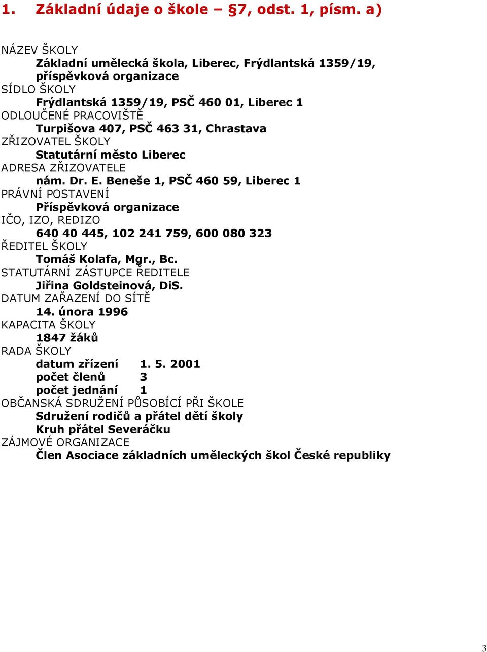 Chrastava ZŘIZOVATEL ŠKOLY Statutární město Liberec ADRESA ZŘIZOVATELE nám. Dr. E.