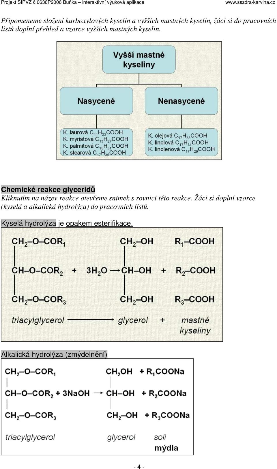 Chemické reakce glyceridů Kliknutím na název reakce otevřeme snímek s rovnicí této reakce.