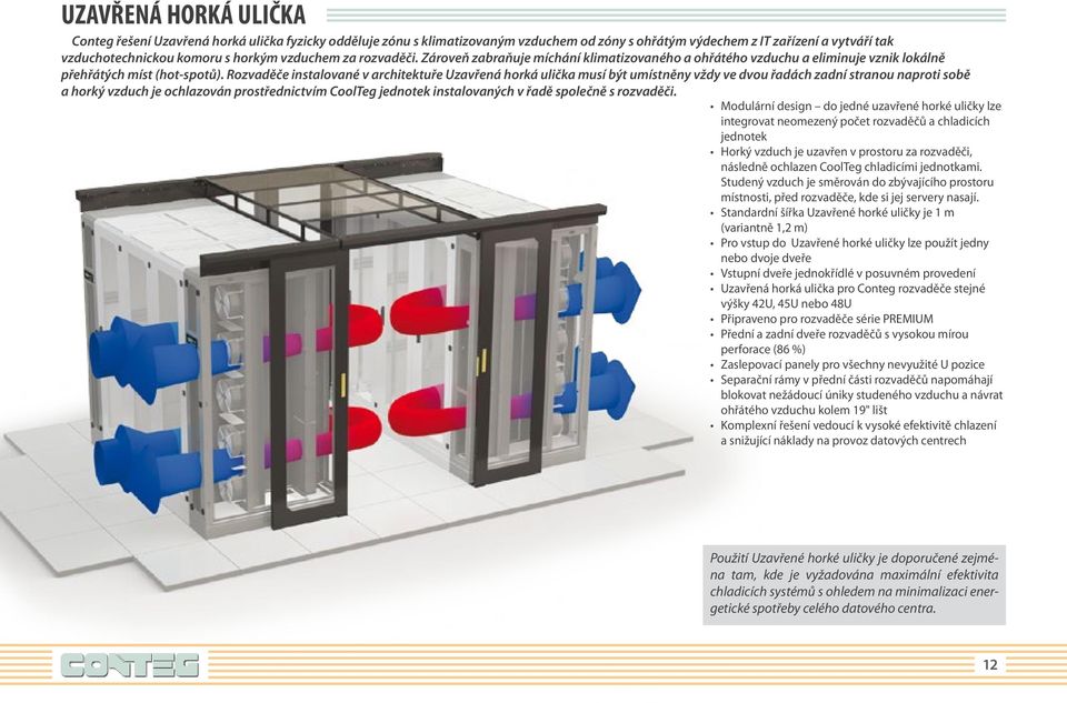 Rozvaděče instalované v architektuře Uzavřená horká ulička musí být umístněny vždy ve dvou řadách zadní stranou naproti sobě a horký vzduch je ochlazován prostřednictvím CoolTeg jednotek