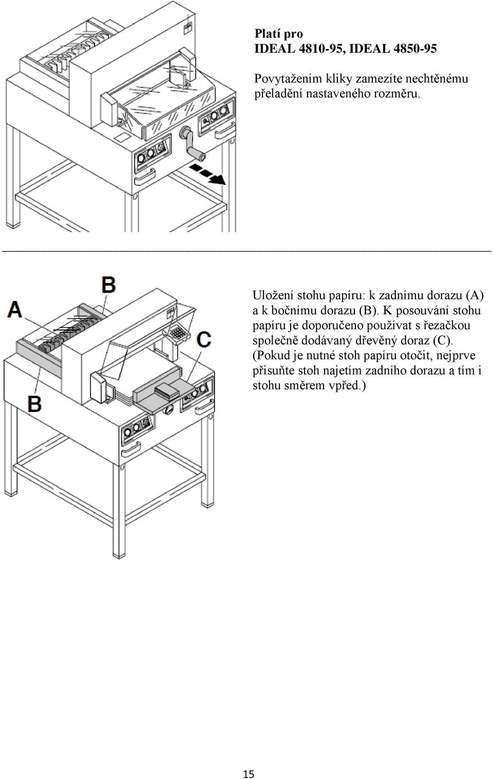 K posouvání stohu papíru je doporučeno používat s řezačkou společně dodávaný dřevěný doraz (C).