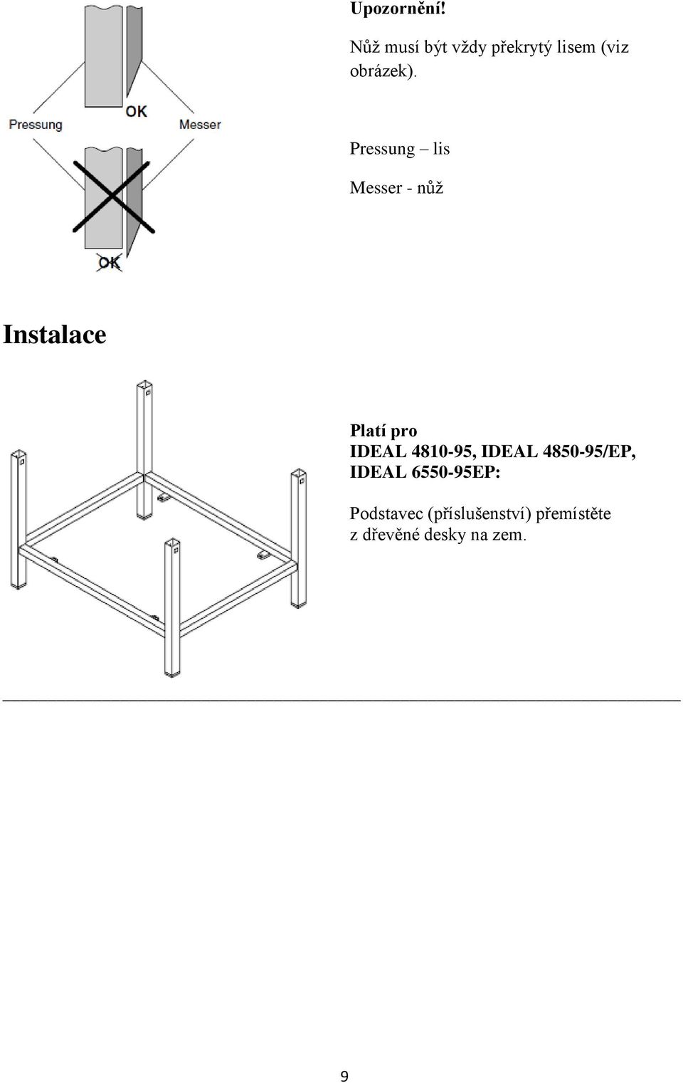 Pressung lis Messer - nůž Instalace Platí pro IDEAL