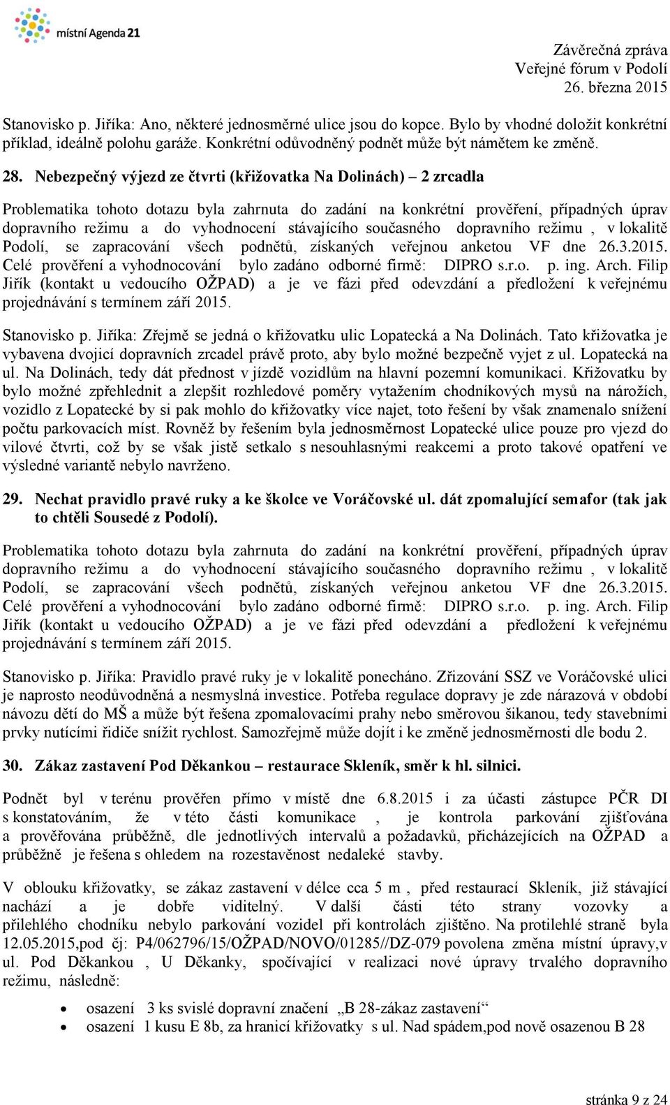 Jiříka: Zřejmě se jedná o křižovatku ulic Lopatecká a Na Dolinách. Tato křižovatka je vybavena dvojicí dopravních zrcadel právě proto, aby bylo možné bezpečně vyjet z ul. Lopatecká na ul.