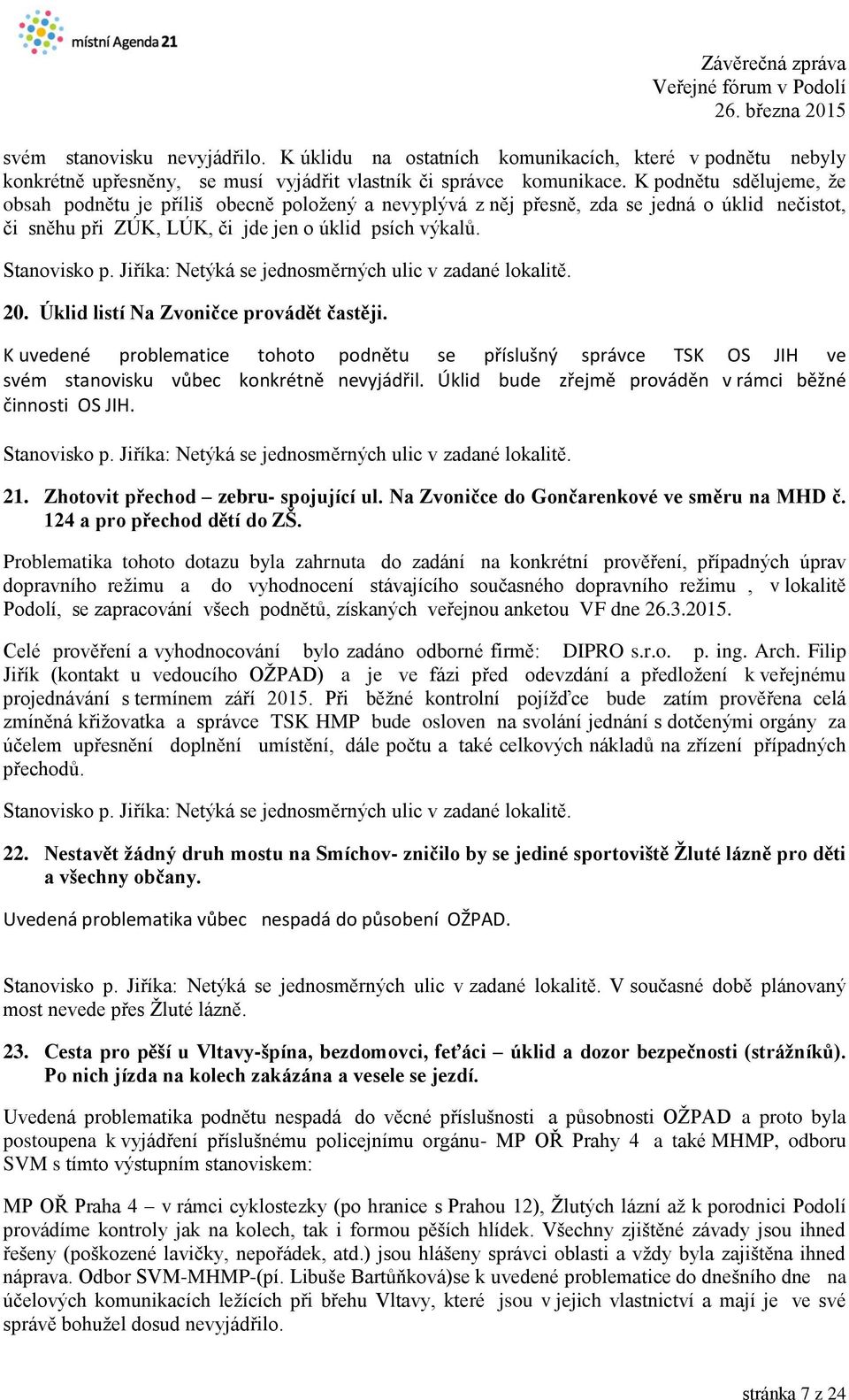 Jiříka: Netýká se jednosměrných ulic v zadané lokalitě. 20. Úklid listí Na Zvoničce provádět častěji.