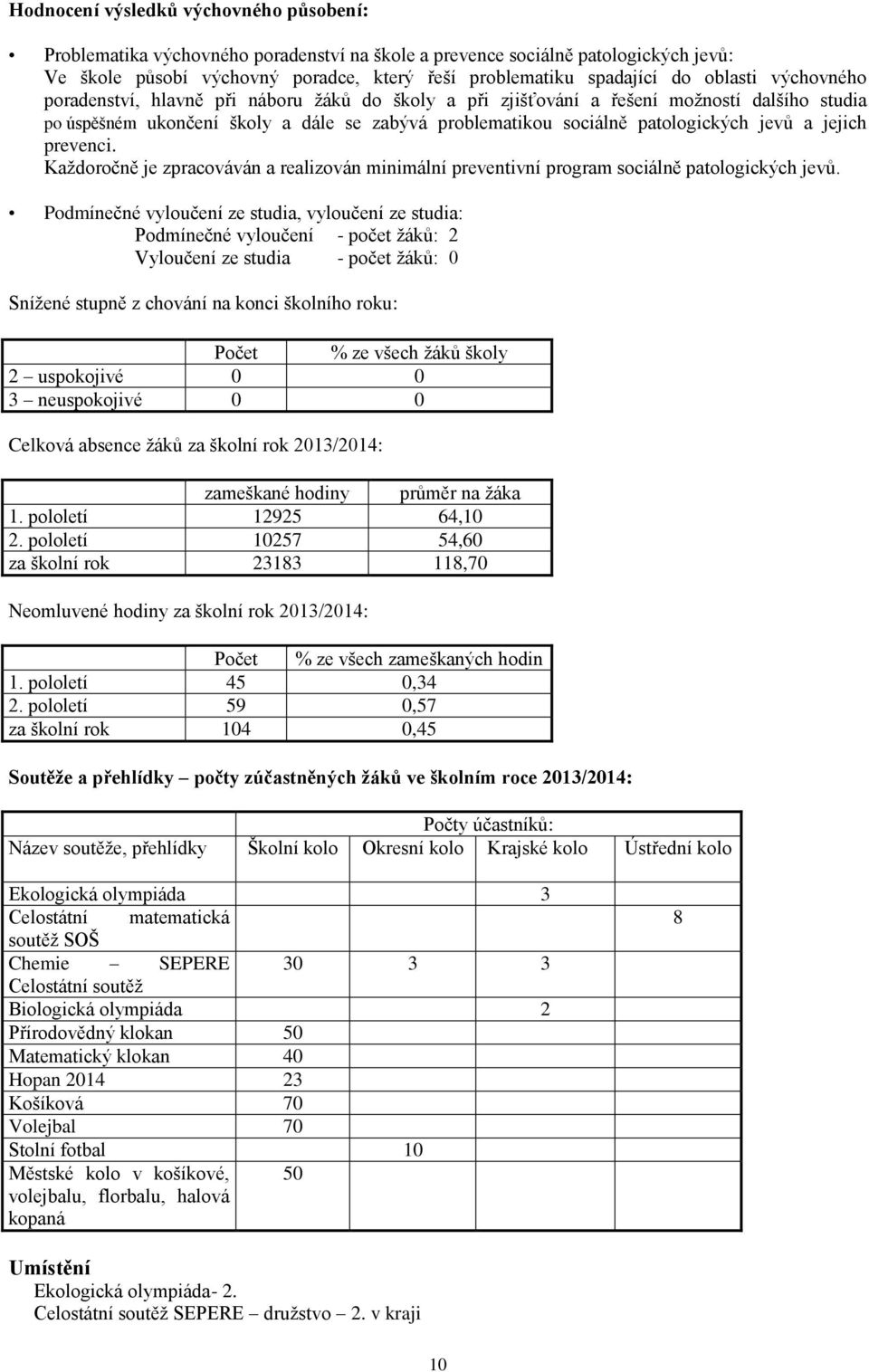 a jejich prevenci. Každoročně je zpracováván a realizován minimální preventivní program sociálně patologických jevů.