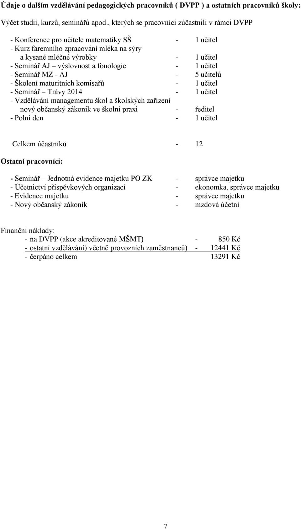 a fonologie - 1 učitel - Seminář MZ - AJ - 5 učitelů - Školení maturitních komisařů - 1 učitel - Seminář Trávy 2014-1 učitel - Vzdělávání managementu škol a školských zařízení nový občanský zákoník