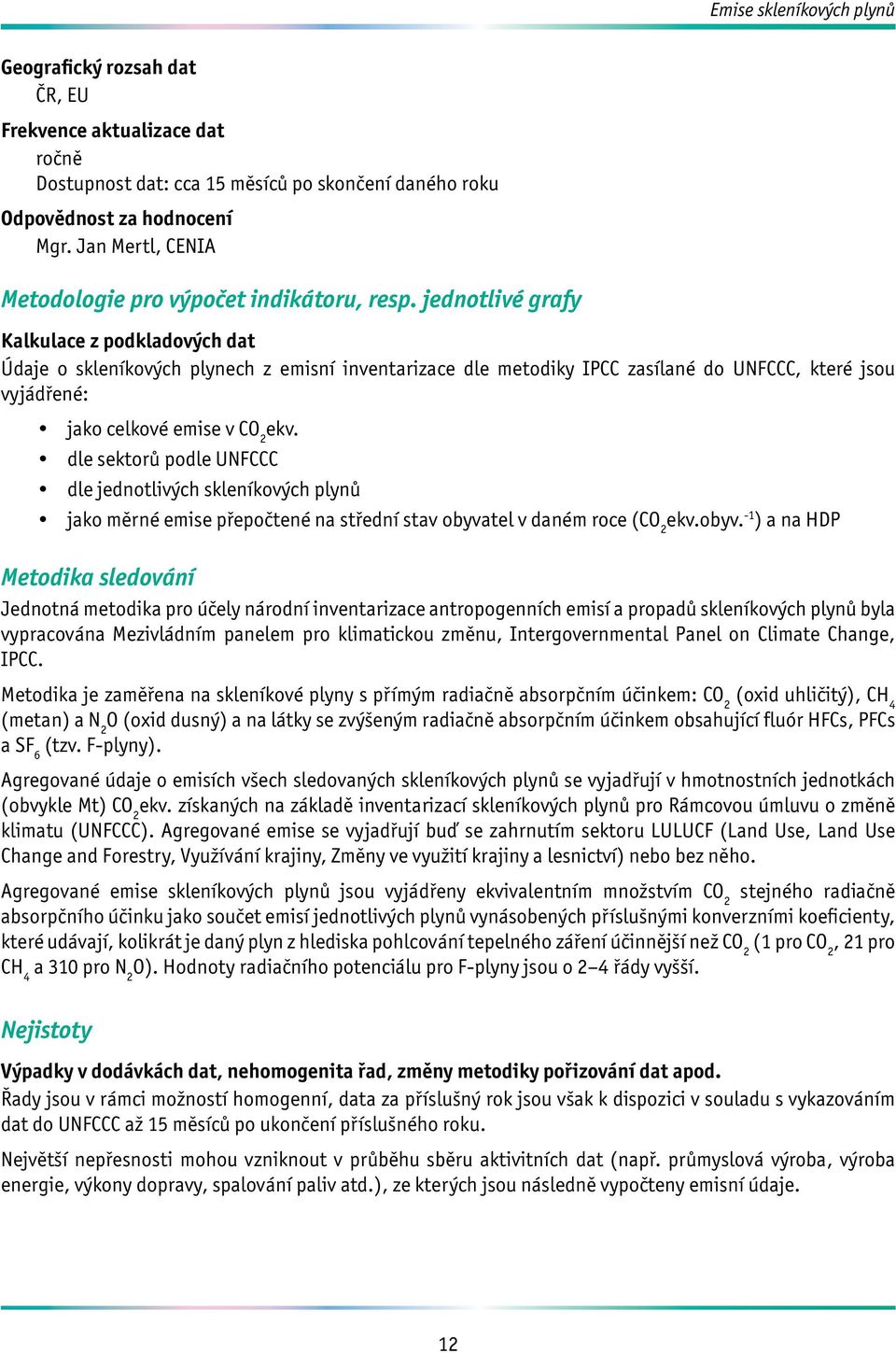 jednotlivé grafy Kalkulace z podkladových dat Údaje o skleníkových plynech z emisní inventarizace dle metodiky IPCC zasílané do UNFCCC, které jsou vyjádřené: jako celkové emise v CO 2 ekv.