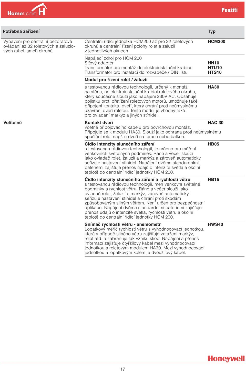 lištu HCM200 HN10 HTU10 HTS10 Modul pro řízení rolet / žaluzií s testovanou rádiovou technologií, určený k montáži HA30 na stěnu, na elektroinstalační krabici roletového okruhu, který současně slouží