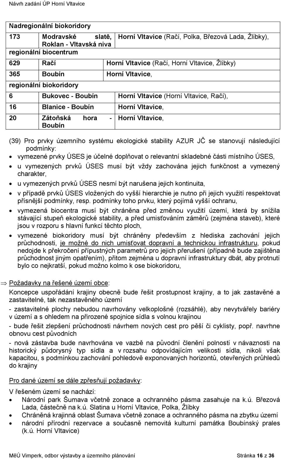 prvky územního systému ekologické stability AZUR JČ se stanovují následující podmínky: vymezené prvky ÚSES je účelné doplňovat o relevantní skladebné části místního ÚSES, u vymezených prvků ÚSES musí