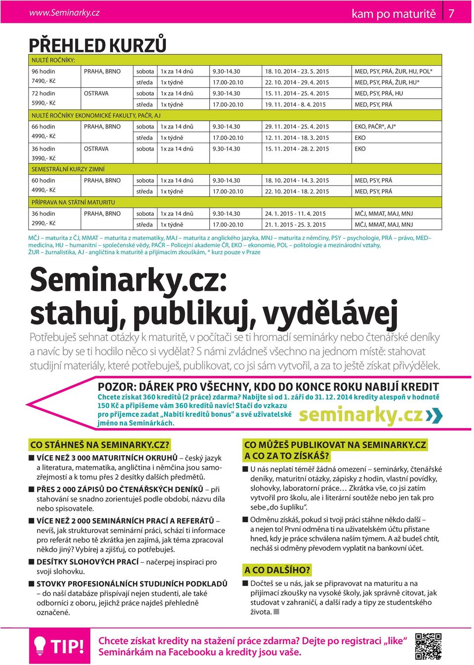 4. 2015 MED, PSY, PRÁ NULTÉ ROČNÍKY EKONOMICKÉ FAKULTY, PAČR, AJ 66 hodin PRAHA, BRNO sobota 1x za 14 dnů 9.30-14.30 29. 11. 2014-25. 4. 2015 EKO, PAČR*, AJ* 4990,- Kč středa 1x týdně 17.00-20.10 12.