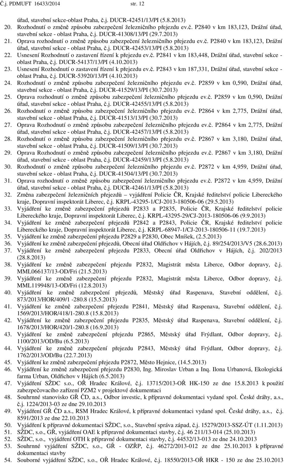 8.2013) 22. Usnesení Rozhodnutí o zastavení řízení k přejezdu ev.č. P2841 v km 183,448, Drážní úřad, stavební sekce - oblast Praha, č.j. DUCR-54137/13/PI (4.10.2013) 23.