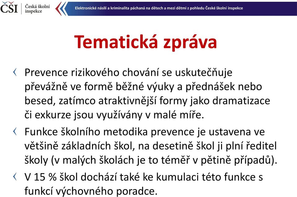 Funkce školního metodika prevence je ustavena ve většině základních škol, na desetině škol ji plní ředitel